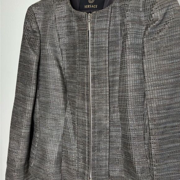 Versace Textured Silver Metallic Velvet Brocade Zipper Eve Jacket 42 6 Couture - Picture 9 of 13